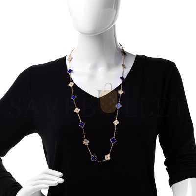 VAN CLEEF ARPELS 18K YELLOW GOLD DIAMOND LAPIS 20 MOTIFS VINTAGE ALHAMBRA NECKLACE 